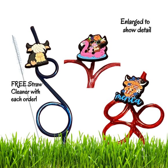 Silly Highland Cow Straw Bundle of 3 - BLUE, PINK & RED - Picture 2 of 4